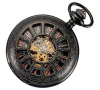 ManChDa Taschenuhr - Skelett-Taschenuhr, mechanisch, Lupe, spezieller Deckel, römische Zahlen, Fob Armbanduhr für Herren, mit Kette + Geschenkbox