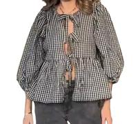 MANGMAO Oberteil mit Schnürung vorne für Damen, Leopardenmuster, Schößchen, Babydoll-Top, 3/4-Länge, Puffärmel, Kokett-Top, niedliches Oberteil zum Ausgehen, schwarzer Gingham, Groß