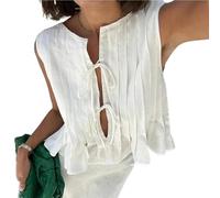 MANGMAO Tanktop aus Leinen, mit Fliege vorne, für Damen, Kokette, Babydoll, Schößchen, ärmellos, plissiert, Rüschen, Tunika, Hemd, Weiß