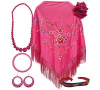 Manila-Schal mit Accessoires: Manila-Schal mit gestickten Blumen, Haarspange, Halskette, Armband und Ohrringe mit Flamingos und Stoffarmband., Fuchsia, Blume, 42