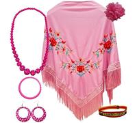 Manila-Schal mit Accessoires: Manila-Schal mit gestickten Blumen, Haarspange, Halskette, Armband und Ohrringe Flamingos und Stoffarmband. (Rosa 3 Blumen 2)