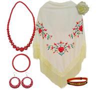 Manila-Schal mit Accessoires: Manila-Schal mit gestickten Blumen, Haarspange, Halskette, Armband und Ohrringe mit Flamingos und Stoffarmband., Perlweiß, 3 Blumen, 42