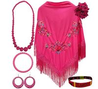 Manila-Schal mit Accessoires: Manila-Schal mit gestickten Blumen, Haarspange, Halskette, Armband und Ohrringe mit Flamingos und Stoffarmband., Fuchsia, 3 Blumen, 42