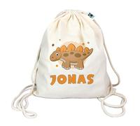 Manilu Bio Turnbeutel mit Namen personalisiert & Bedruckt | Motiv Dinosaurier orange | Stoffbeutel Schuhbeutel Sportbeutel Wäschebeutel Rucksack für Kinder Jungen & Mädchen | Dino 3 Stegosaurus