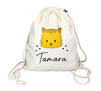 Manilu Bio Turnbeutel mit Namen personalisiert & Bedruckt | Motiv Katze Gelb | Stoffbeutel Schuhbeutel Sportbeutel Wäschebeutel Rucksack für Kinder Jungen & Mädchen | inkl. NAMENSDRUCK