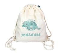 Manilu Bio Turnbeutel mit Namen personalisiert | Motiv Triceratops Dinosaurier | Schuhbeutel Sportbeutel Wäschebeutel Rucksack für Kinder Jungen & Mädchen | hell blau