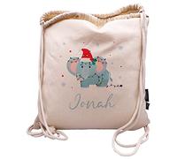Manilu Personalisierter Turnbeutel mit Weihnachtsmotiv Elefant und eignen Namen aus Bio-Baumwolle | Rucksack | Sportbeutel | Wäschebeutel | Kinder | Geschenk (Weihnachten Elefant)