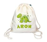 Manilu Turnbeutel mit Namen personalisiert & Bedruckt | Motiv grüner Dinosaurier | Stoffbeutel Schuhbeutel Sportbeutel Wäschebeutel Rucksack für Kinder Jungen & Mädchen | Dino 4 Brachiosaurus