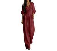 MaNMaNing Damen eleganter V-Ausschnitt Jumpsuit mit Taillengürtel lässiger Einteiler Sommer Overall atmungsaktive Damen Latzhose Rot, M