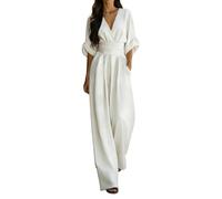 MaNMaNing Damen eleganter V-Ausschnitt Jumpsuit mit Taillengürtel lässiger Einteiler Sommer Overall atmungsaktive Damen Latzhose Weiß, M