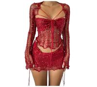 MaNMaNing Damen Kleid Pailletten Hohlraum Bandage Bandeau Top Enganliegend Kurzes Kleid Party Sommer Glitzer Red, XL