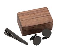 Manschettenknöpfe und Krawattenklammer Set mit magnetischer Walnussholzbox, schwarzes formelles Zubehör für Hochzeiten, Bräutigam und Trauzeugen, Geschenk-Set