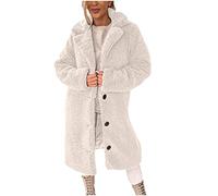 Mantel Damen Lang Teddyjacke Damen Lang Wintermantel Flauschig Teddyfleece Mantel Winter Warme Plüschjacke mit Knöpfen Kuscheljacke für Herbst M Beige