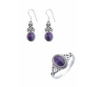 mantraroma Schmuckset echt 925 Silber mit Amethyst - Ohrringe und Ring in passendem Design (SET-018-01-58)