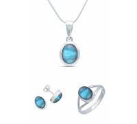 mantraroma Schmuckset echt 925 Silber mit Labradorit - Ring Kette Ohrringe in passendem Design (SET-016-05-62-50)