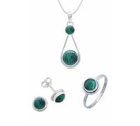 mantraroma Schmuckset echt 925 Silber mit Malachit - Ring Kette Ohrringe in passendem Design (SET-003-10-60-60)