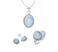 mantraroma Schmuckset echt 925 Silber mit Mondstein - Ring Kette Ohrringe in passendem Design (SET-011-04-56-50)