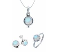 mantraroma Schmuckset echt 925 Silber mit Mondstein - Ring Kette Ohrringe in passendem Design (SET-014-04-56-50)