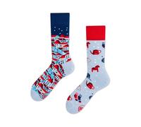 Many Mornings Socken HYGGE – blau – ungleiche, winterliches Design (Häuser & Spielzeug) – Gr. 40,5