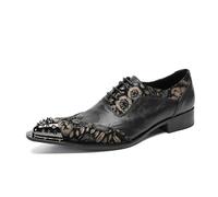 MANYUBEI Herren Anzugschuhe, Lederschuhe Schnür Oxford Druck Echtes Leder, Slip-On Lässig Business Große Größe Niedrige Spitze Metall Spitzer Zehenbereich, Atmungsaktive Schuhe, 46 EU,Black