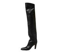 MANYUBEI Overknee Stiefel Für Damen, Echtem Leder Zum Anziehen Dicker Absatz Großes Rohr Bequeme Lange Stiefel, 8 cm/3,14 Zoll, 46 EU,Black