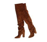 MANYUBEI Overknee Stiefel Für Damen, Gestapelte Stiefel Aus Wildleder Oberschenkelhoch Dicker Absatz Große Größe Spitzer Zehenbereich Lange Stiefel Zum Anziehen, 11 cm/4,33 Zoll, 36 EU,Brown
