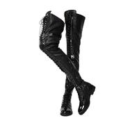 MANYUBEI Overknee Stiefel Für Damen, Große Oberschenkelhohe Stiefel Mit Schnürsenkeln Vorne Quadratischer Absatz Seitlicher Reißverschluss Bequeme Lange Stiefel Mit Niedrigem Absatz, 46 EU,Black