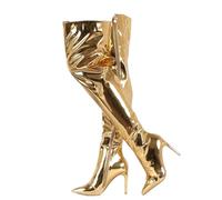 MANYUBEI Overknee Stiefel Für Damen, Große Silberne Overknee Stiefel Stiletto Absatz Seitlicher Reißverschluss Spitze Zehen Lange Stiefel, 11 cm/4,33 Zoll, 44 EU,Gold