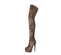 MANYUBEI Overknee Stiefel Für Damen, Oberschenkelhohe Stretch Leopardenstiefel Plateau Stiletto Absatz Große Größe Runde Spitze Lange Stiefel, 15 cm/5,90 Zoll, 38 EU,Leopard