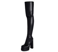 MANYUBEI Overknee Stiefel Für Damen, Oberschenkelhohe Stretch Stiefel Dicker Absatz Plattform Große Größe Quadratische Zehen Seitlicher Reißverschluss Lange Stiefel, 15 cm/5,90 Zoll, 39 EU,Black