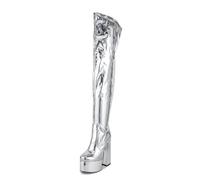 MANYUBEI Overknee Stiefel Für Damen Silberfarbene Oberschenkelhohe Damen Blockabsatz Plattform Große Größe Runde Spitze Seitlicher Reißverschluss Lange Stiefel, 14 cm/5,51 Zoll, 38 EU,Silver
