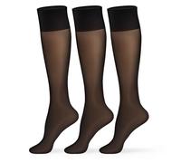 MANZI 3 Paar Nylon Kniestrümpfe Damen 15 Den Transparente Feinkniestrümpfe Pop-Socken Seidig Breiter Komfortbund Nylonstrümpfe Schwarz