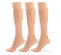 MANZI Damen 3 Paar Nylon Kniestrümpfe 15 Denier Transparente Kniehohe Pop-Socken Seidig Breiter Komfortbund Nylonstrümpfe Natürlich