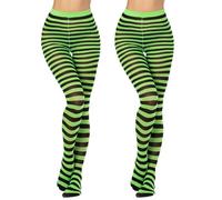 MANZI Horizontal Gestreift Strumpfhose für Damen Halloween Weihnachten Neuheit Semi-Blickdichte Strumpfhose 2 Paar (Schwarz + Grün Gestreift Einheitsgröße)