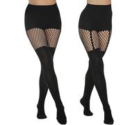 MANZI Netzstrumpfhosen Damen Schwarz Blickdichte Overknee Strümpfe Fischnetz Strumpfhose mit Muster 2 Paar,Grid+Suspender