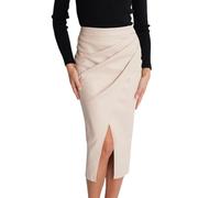 MAOAEAD Damen Kunstleder Midi Rock, Lange Lederröcke für Damen, Hoch tailliert Wickel Zip Hinten Leder Bleistiftrock mit Schlitz (Beige A,L)