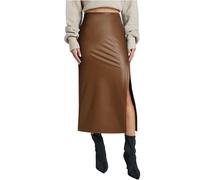 MAOAEAD Damen Kunstleder Midi Rock, Lange Lederröcke für Damen, Hoch tailliert Wickel Zip Hinten Leder Bleistiftrock mit Schlitz (Braun B,L)