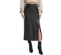MAOAEAD Damen Kunstleder Midi Rock, Lange Lederröcke für Damen, Hoch tailliert Wickel Zip Hinten Leder Bleistiftrock mit Schlitz (Schwarz B,L)