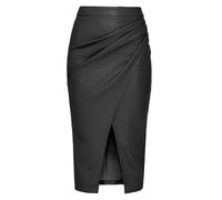 MAOAEAD Lange Lederröcke für Damen, hohe Taille, plissierter Schlitz, Kunstleder, Midirock, elegant, schwarz, Herbst, figurbetonter Bleistiftrock