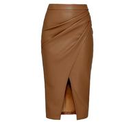 MAOAEAD Lange Lederröcke für Damen, hohe Taille, plissierter Schlitz, Kunstleder, Midirock, elegant, schwarz, Herbst, figurbetonter Bleistiftrock