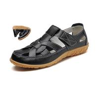 MAOAEAD Orthopädische Halbschuhe aus atmungsaktivem Leder, geschlossene Zehensandalen für Damen 2024, bequeme flache Fischer-Sandalen, Fahrschuhe, Schwarz , 37 EU