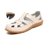 MAOAEAD Orthopädische Halbschuhe aus atmungsaktivem Leder, geschlossene Zehensandalen für Damen 2024, bequeme flache Fischer-Sandalen, Fahrschuhe, beige, 41 EU