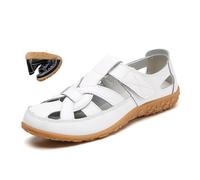 MAOAEAD Orthopädische Halbschuhe aus atmungsaktivem Leder, geschlossene Zehensandalen für Damen 2024, bequeme flache Fischer-Sandalen, Fahrschuhe, weiß, 36 EU