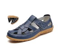 MAOAEAD Orthopädische Halbschuhe aus atmungsaktivem Leder, geschlossene Zehensandalen für Damen 2024, bequeme flache Fischer-Sandalen, Fahrschuhe, blau, 38 EU