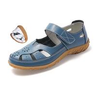 MAOAEAD Orthopädische Loafer aus atmungsaktivem Leder, flache Damen-Sandalen, echtes Leder, rutschfeste Sandalen, geschlossene Zehen, Fischer-Sandalen, blau, 41 EU