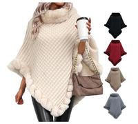 MAOAEAD Poncho mit Kunstfellbesatz, eleganter Cape-Mantel mit Kunstfellkragen und Besatz, warmer gestrickter Winter-Stola-Schal-Umhang für Damen
