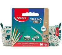 Maped - Federmäppchen Smiling Planet mit Schulbedarf - Federmäppchen aus Stoff + 12 Buntstifte FSC + 1 Schere 16 cm + 1 Spitzer mit Reserve + 1 weißer Radiergummi