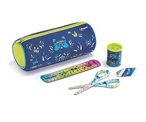 Maped - Mini-Schulzubehör-Set für Kinder - 1 rundes Federmäppchen + 1 Paar Schere 13 cm + 1 Anspitzer Dose + 1 weißer Radiergummi + 1 Lineal 15 cm - Blau