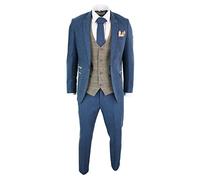 Marc Darcy Herrenanzug 3 Teilig Blau Tweed Fischgräte Design Vinage Retro Tailored Fit