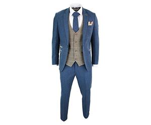 Marc Darcy Herrenanzug 3 Teilig Blau Tweed Fischgräte Design Vinage Retro Tailored Fit